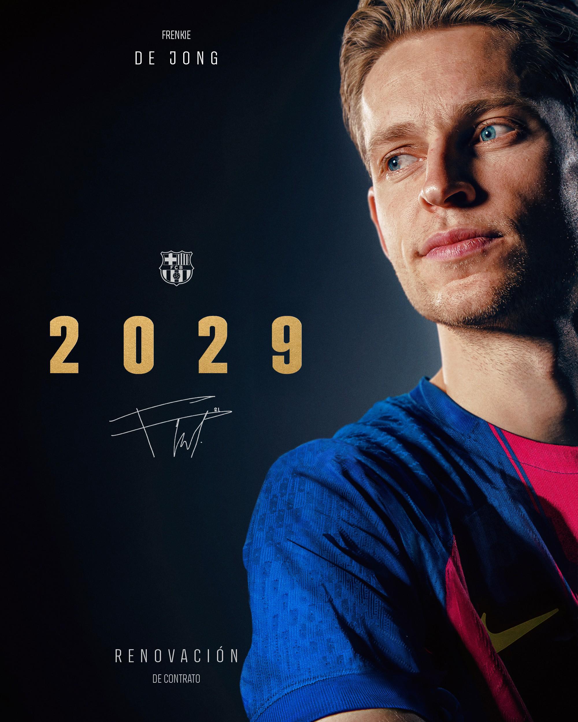 官方：巴萨与弗朗基-德容续约至2029年