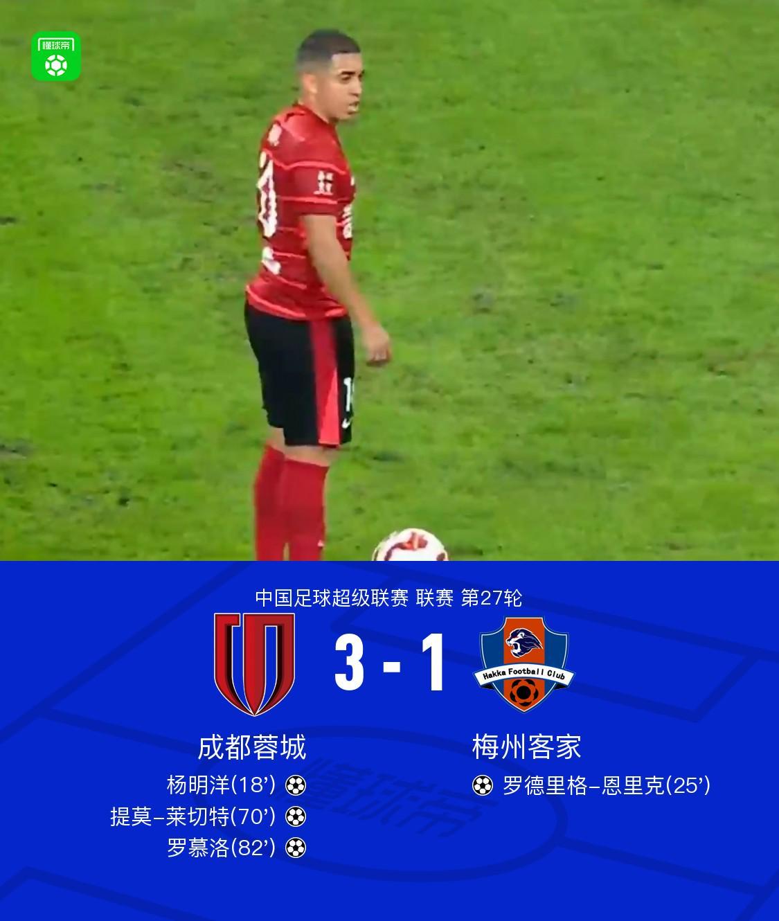 成都3-1梅州，罗慕洛传射建功，杨明洋、莱切特破门