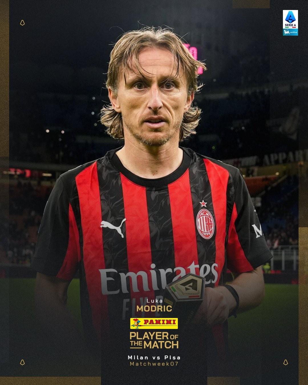 助攻绝平进球,莫德里奇当选米兰vs比萨全场最佳